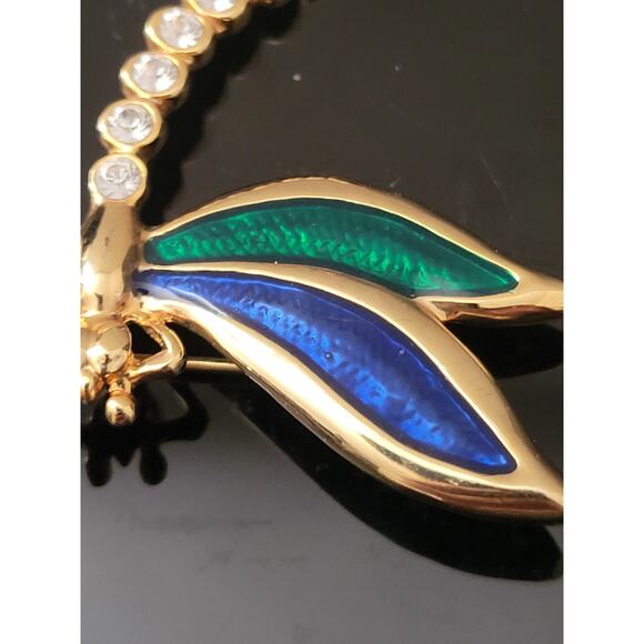 Dragonfly Pin Brooch Blue Green enamel on Wings Rhinestones on Tail Nice Quality - Picture 3 of 8